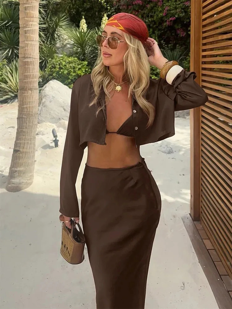 Sexy Loose Brown Satin Skirt 2 Piece Sets Women Outfit 2025 Fashion Long Sleeve Crop Top With High Waist Maxi Skirt Suit 250225