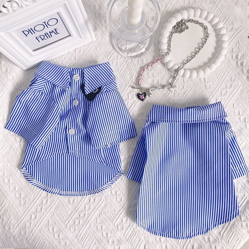 Spring Summer Dog Love T shirt Blue White Stripe Thin Dog Shirt Bowknot Patten In Good Quality