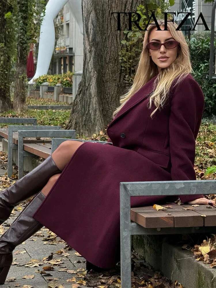 Winter Fashion Bury Wool Long Knitted Lapel Double-Breasted Elegant Women's Pocket Coat Street Wear