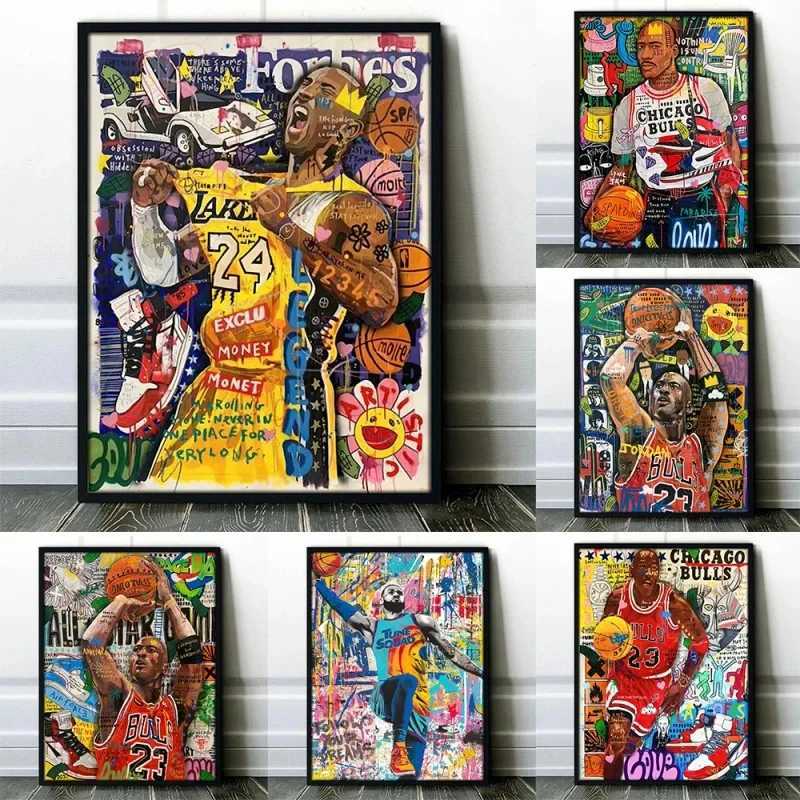 Popular murals modern home decor canvas painting and printing living room decoration street graffiti basketball celebrity wall art posters Y250224