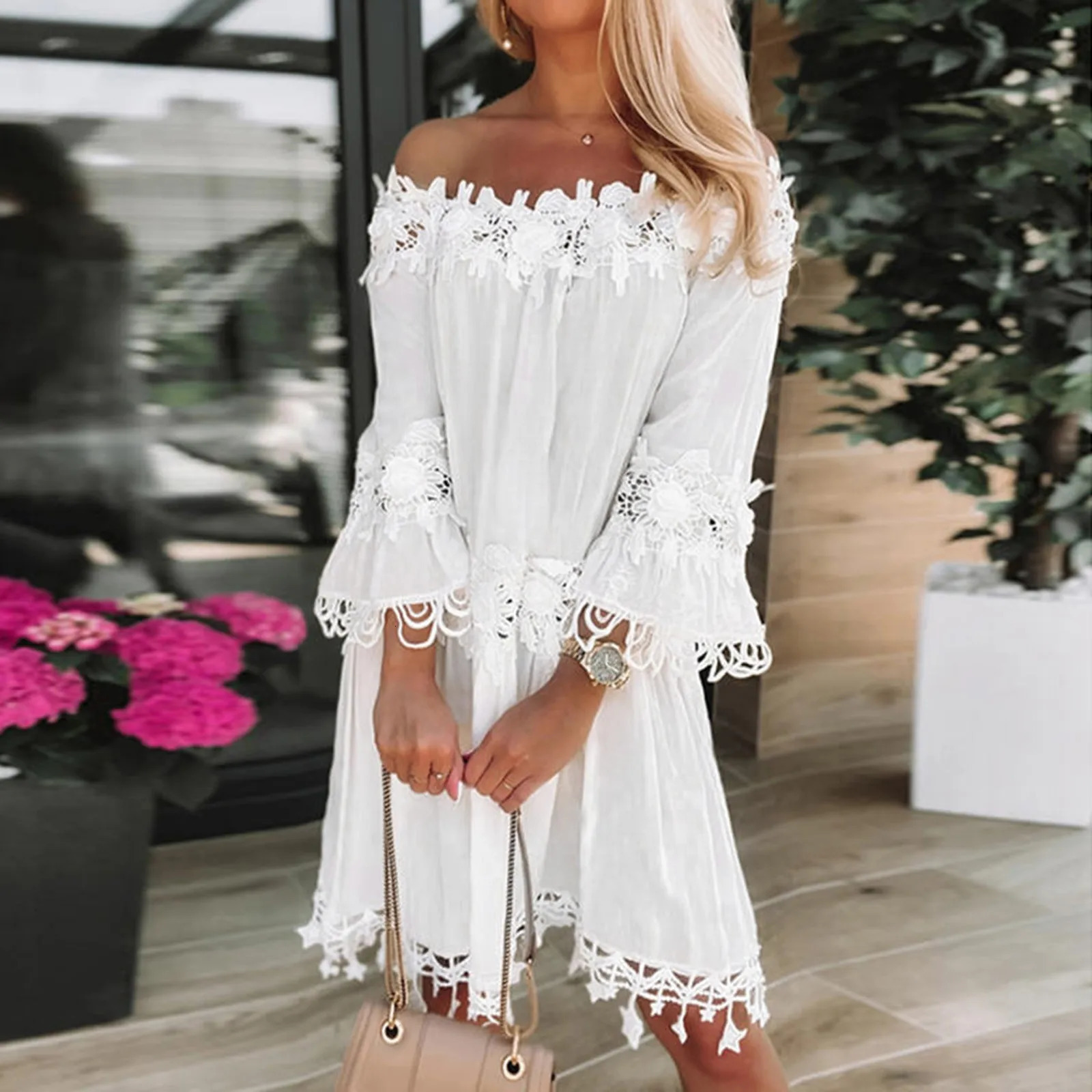 Boho Sundress Lace Off Shoulder Summer Dresses For Women Casual V Neck Short Sleeve Beach Dress WomenS Clothing Vestidos 250225