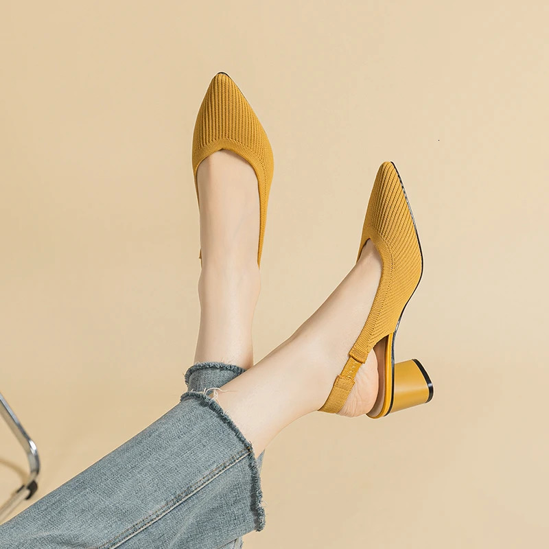 Large Womens High Heel Sandals Fashion Stripes Soft and Breathable Knitted Round Thick Heel Shoes 2025 High Heel 5cm 250224