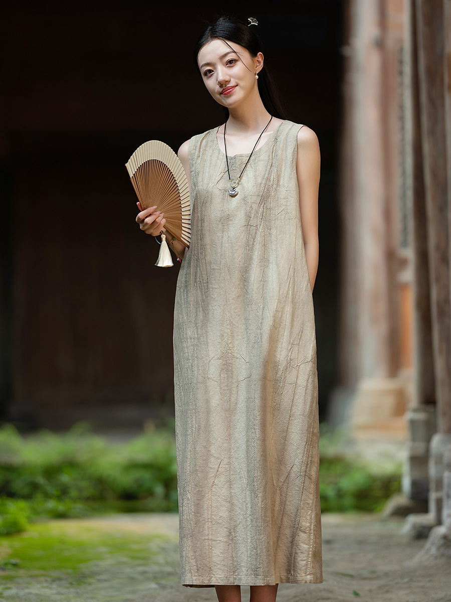 Y41150 Cotton and linen women's clothing ramie cotton thin dirty dyed Chinese long skirt women's loose literary sleeveless vest dress