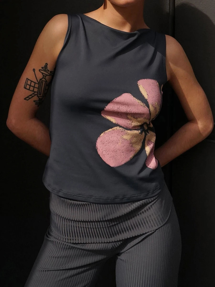 2024 Fashion Womens Crop Tank Tops Fitted Flower Print Boat Neck Sleeveless Summer Tops for Party Club 250224