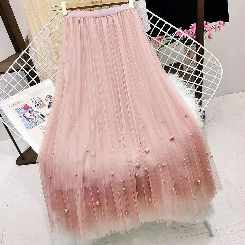 Long Skirt Korean Fashion Harajuku Kawaii Y2k Midi Maxi Tulle Skirt Summer Autumn Sttreetwear High Waist Vintage Black Skirt 250225