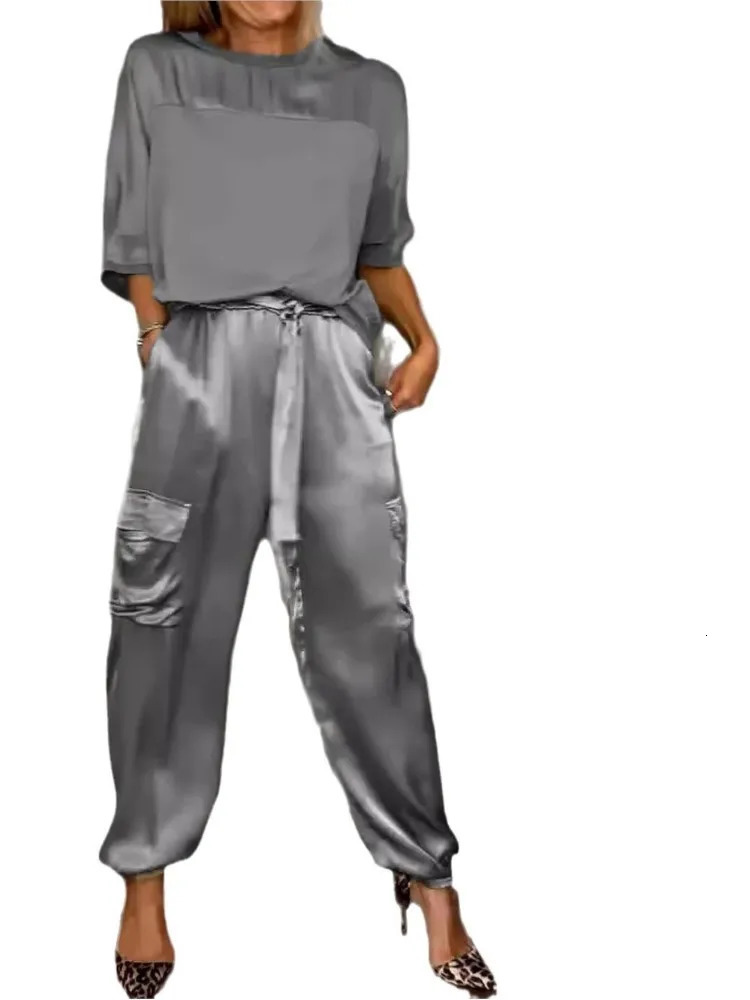 For Women Spring Summer Fashion Solid Color Satin Two Piece Set O Neck Long Sleeve Top Long Pants Casual Loose Two Piece Set 250224