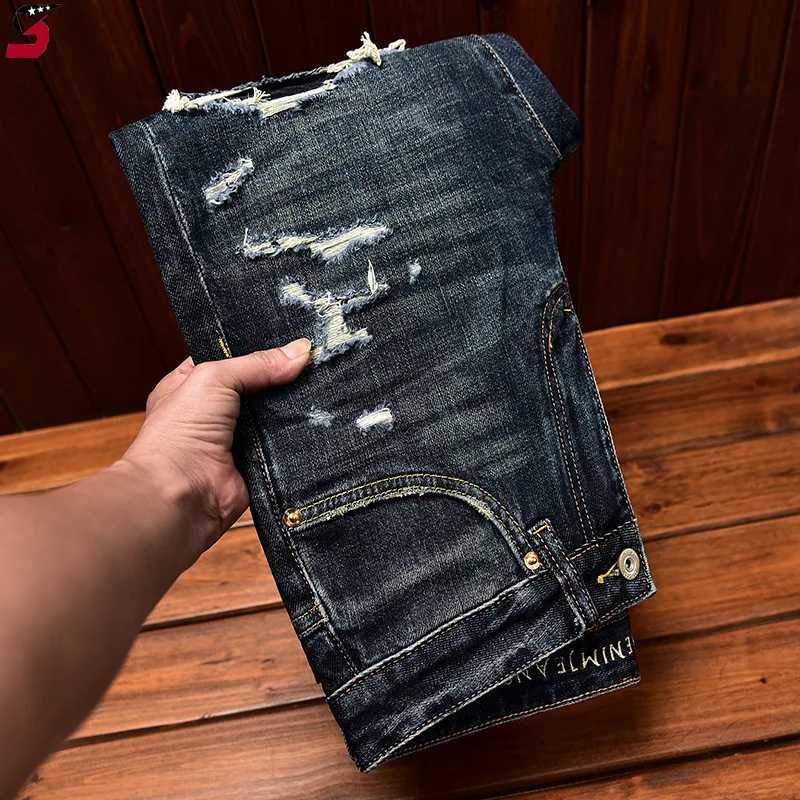 Men's Jeans High end mens clothing 2024 autumn trend jeans mens style holes and patches scraping slim fit tight fashion elastic pants z250225