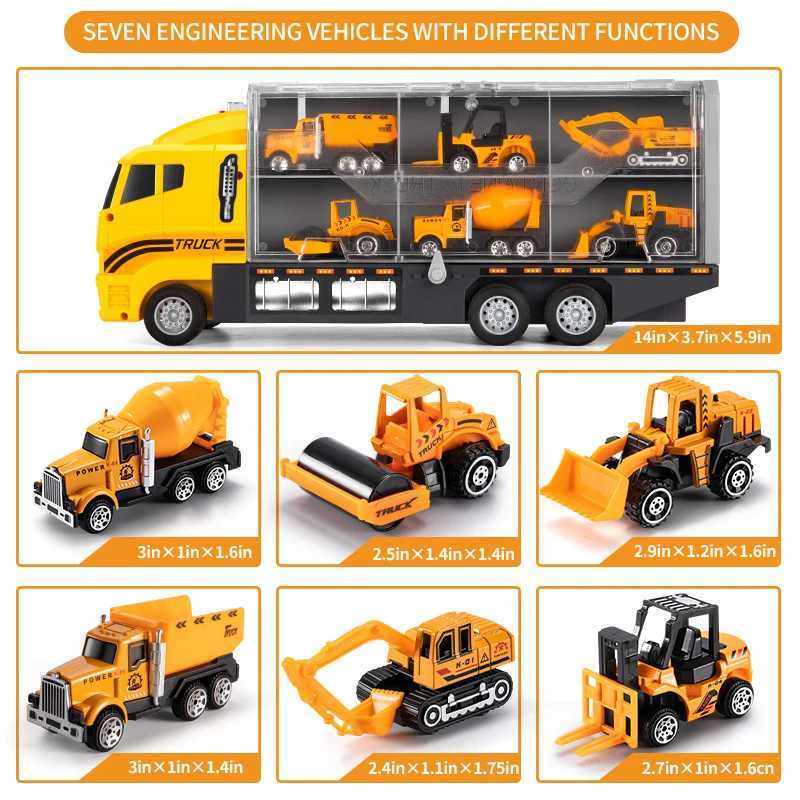 Big Construction Container Transporter Playset With 6PCS Mini Vehicle Carrier Truck Engineering Car Model Toys For Kids Gifts Free shipping