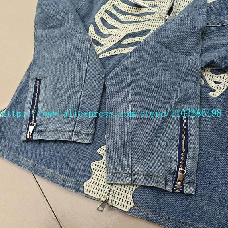 24SS KAPITAL Denim Zipper Jacket Skulls Skeleton Bone Embroidered Loose Coat Long Sleeve Design for Men Women