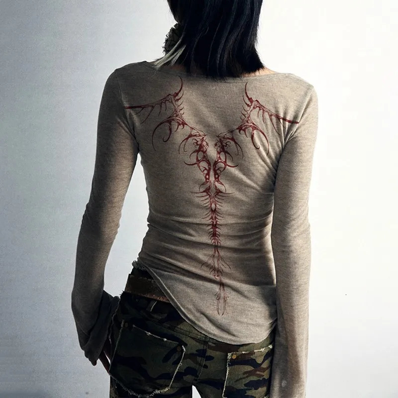 Karrcat Grunge Aesthetics Knitted Tops Vintage Tattoo Print T-shirt Punk Irregular Tee Shirt Gothic Y2k Streetwear Alt 250224