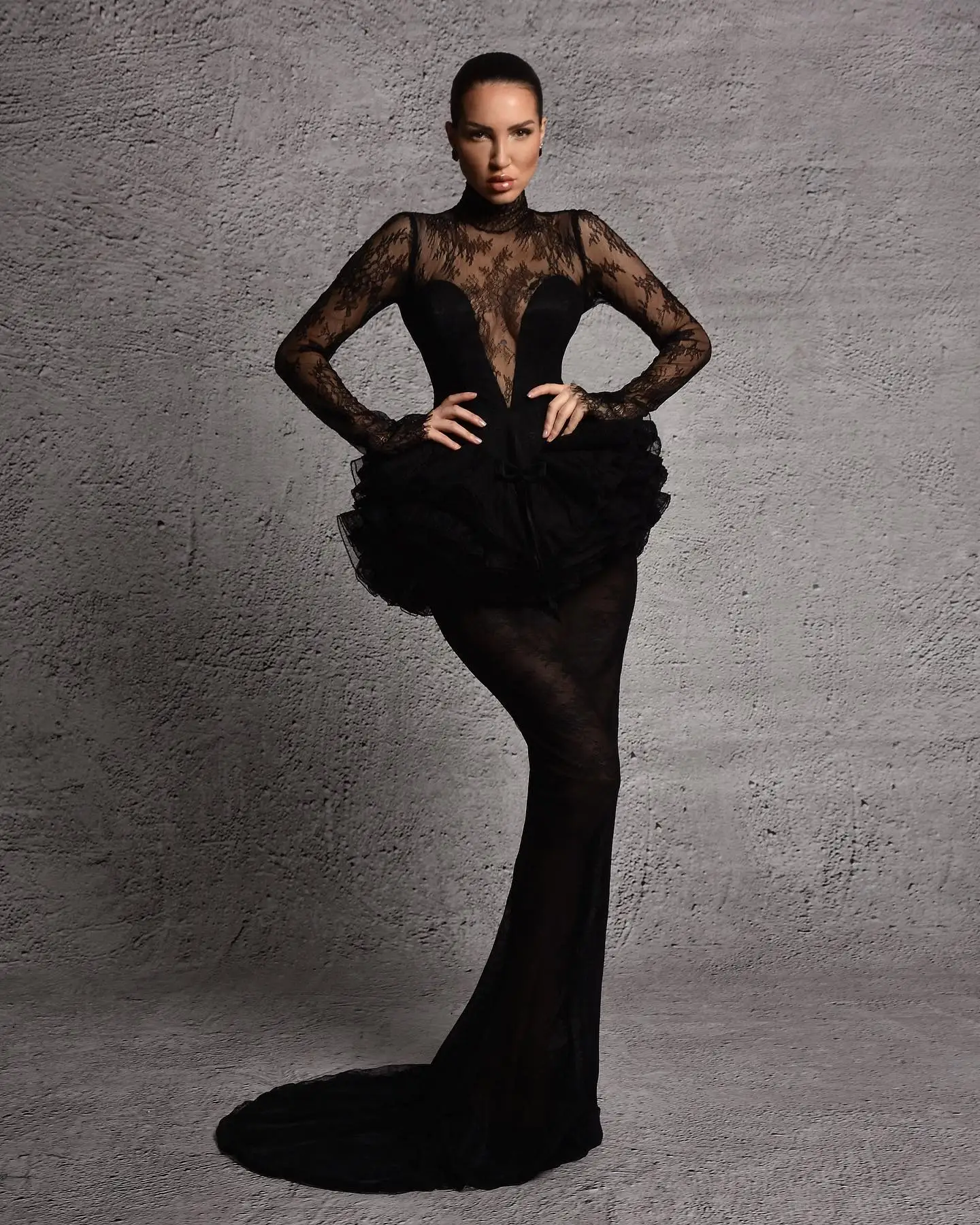 Puffy Ruffles Prom Dresses See Through Lace Mesh Mermaid Evening Party Dress Elegant High Neck Pageant Dress