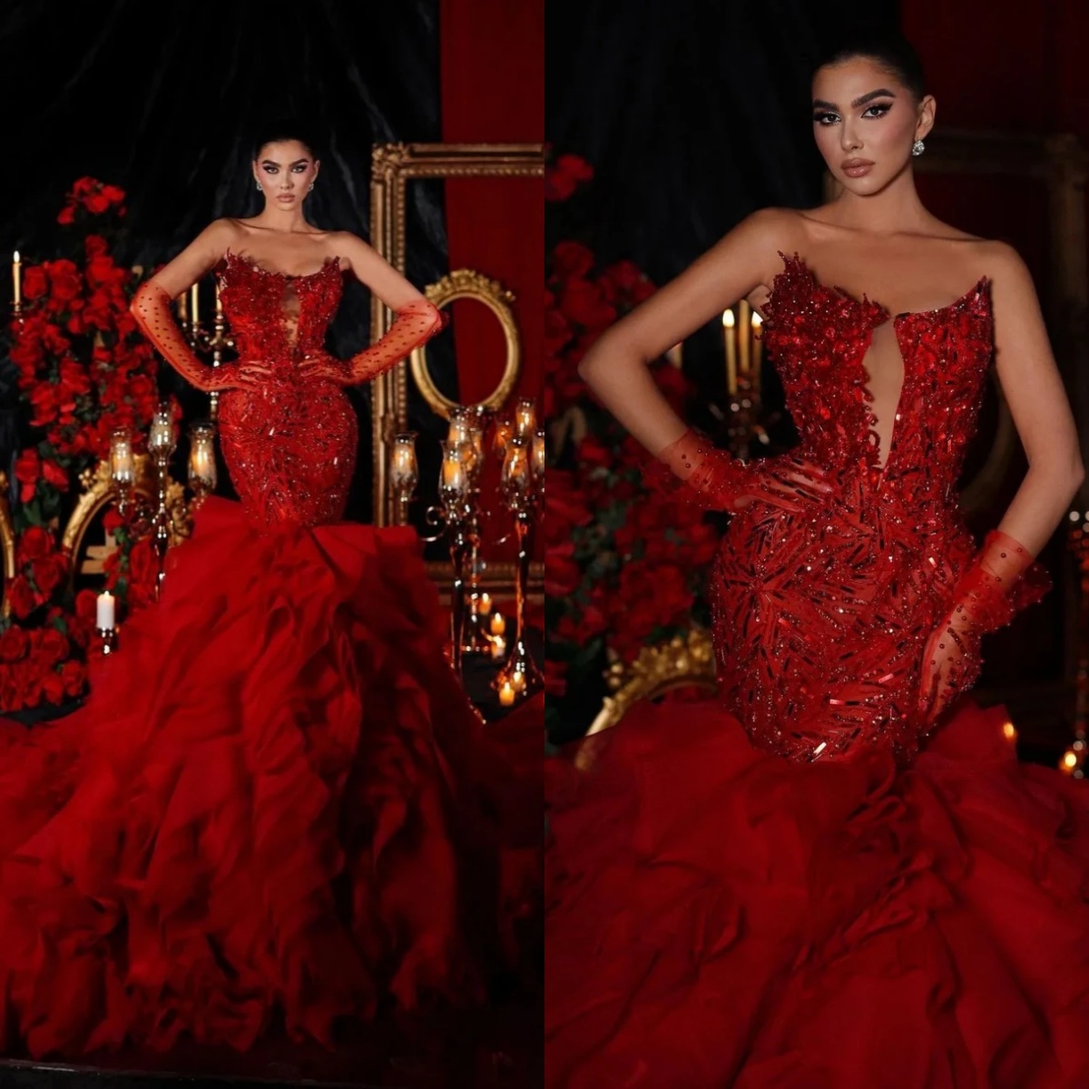 Gorgeous Mermaid Evening Dresses For Women Sweetheart Neck Sleeveless Gown Sequins Ruffles Customized Dress