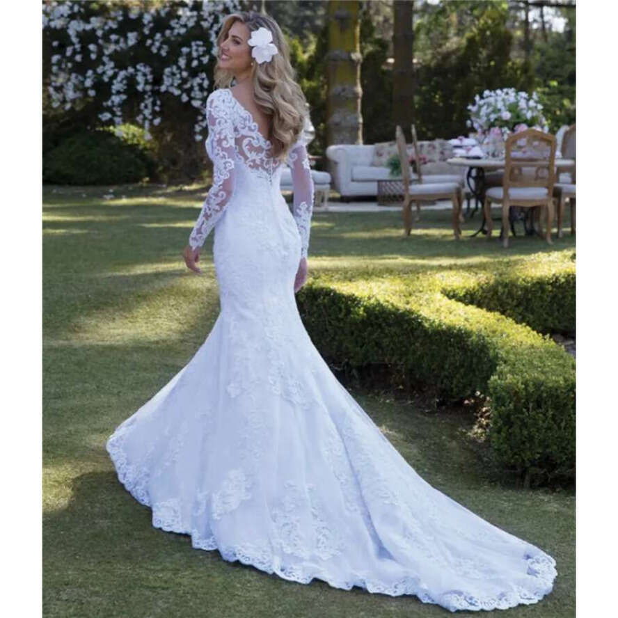 Wedding Sexy Dress Mermaid Long Sleeve Lace Pearls Appliques Gorgesous New Design Bride Dresses Custom Made