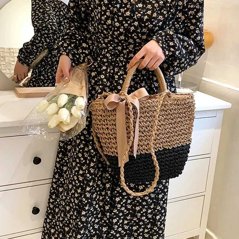 Summer Female Travel Beach Bag Bow Decors Bucket Shoulder Bags Handmade Straw Hollow out Bag Vintage Handbags Bolsa