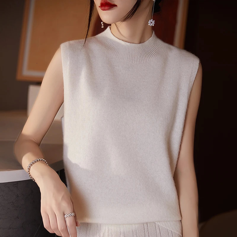 Women Sleeveless Tank High Quality Wool Knit Vest Tops All Seasons Half High Collar First-Line Ready-To-Wear Soft Solid Camisole 250224