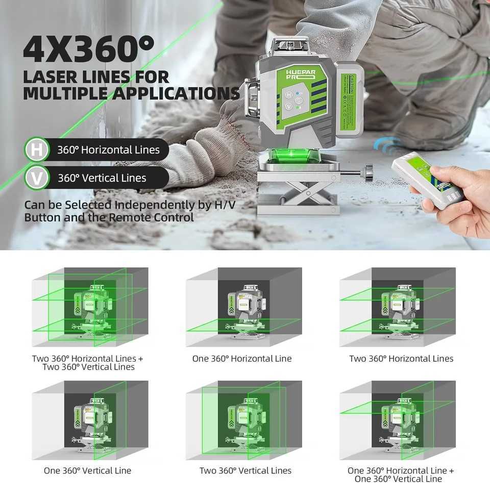 Huepar ZK04CG-L 4D 16 Lines Laser Level 2mm High Accuracy Green Beam Self-leveling Cross Line Laser with 8000mAh Li-ion Battery X250225