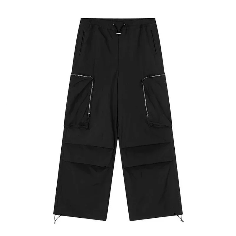 Trendy Zipper Multi Pocket Oversized Casual Elastic Waist Trousers for Men Loose Retro Neutral Hip-hop Cargo Pants 250225