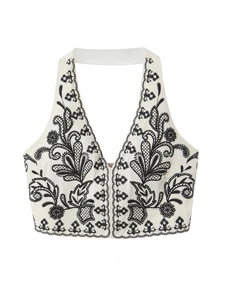 TRAF Women Fashion Embroidered 2PCS Skirts Set 2024 Chic Halter Shirt Neck Backless Top Summer Sexy Shorts Sets 250222