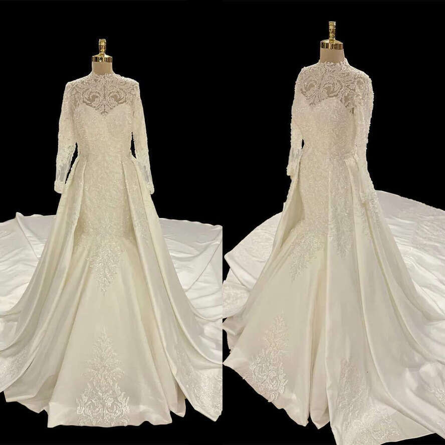 Elegant Mermaid Wedding Dresses High Collar Long Sleeves Bridal Gown Lace Detachable Train Dress Custom Made