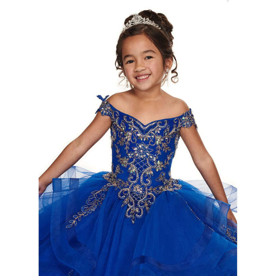 Cheap Royal Blue Peach Girls Pageant Off Shoulder Gold Lace Embroidery Beaded Wer Girl Dresses Kids Wear Birthday Communion Dress
