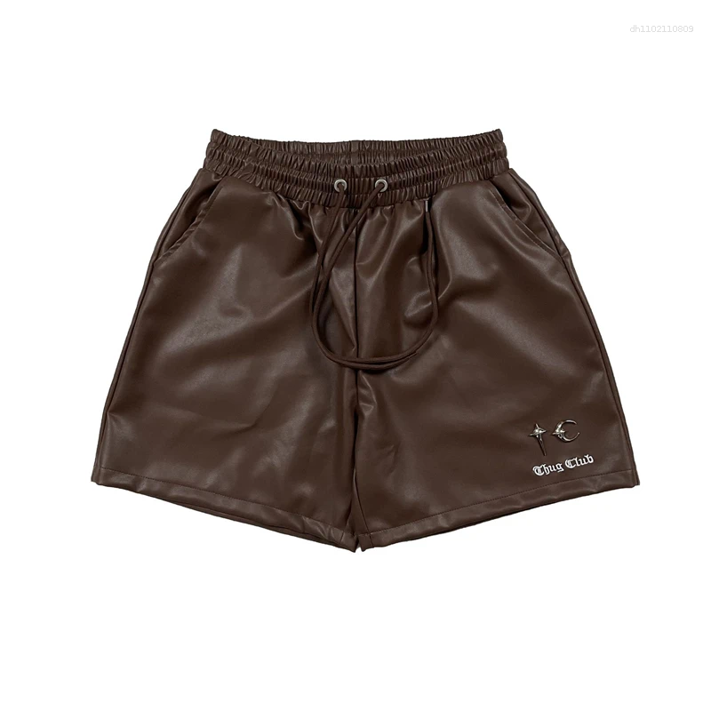 Men's Shorts High Street Vintage Metal Logo PU Leather Short Pants Summer Men Women Loose Drawstring Casual Trousers