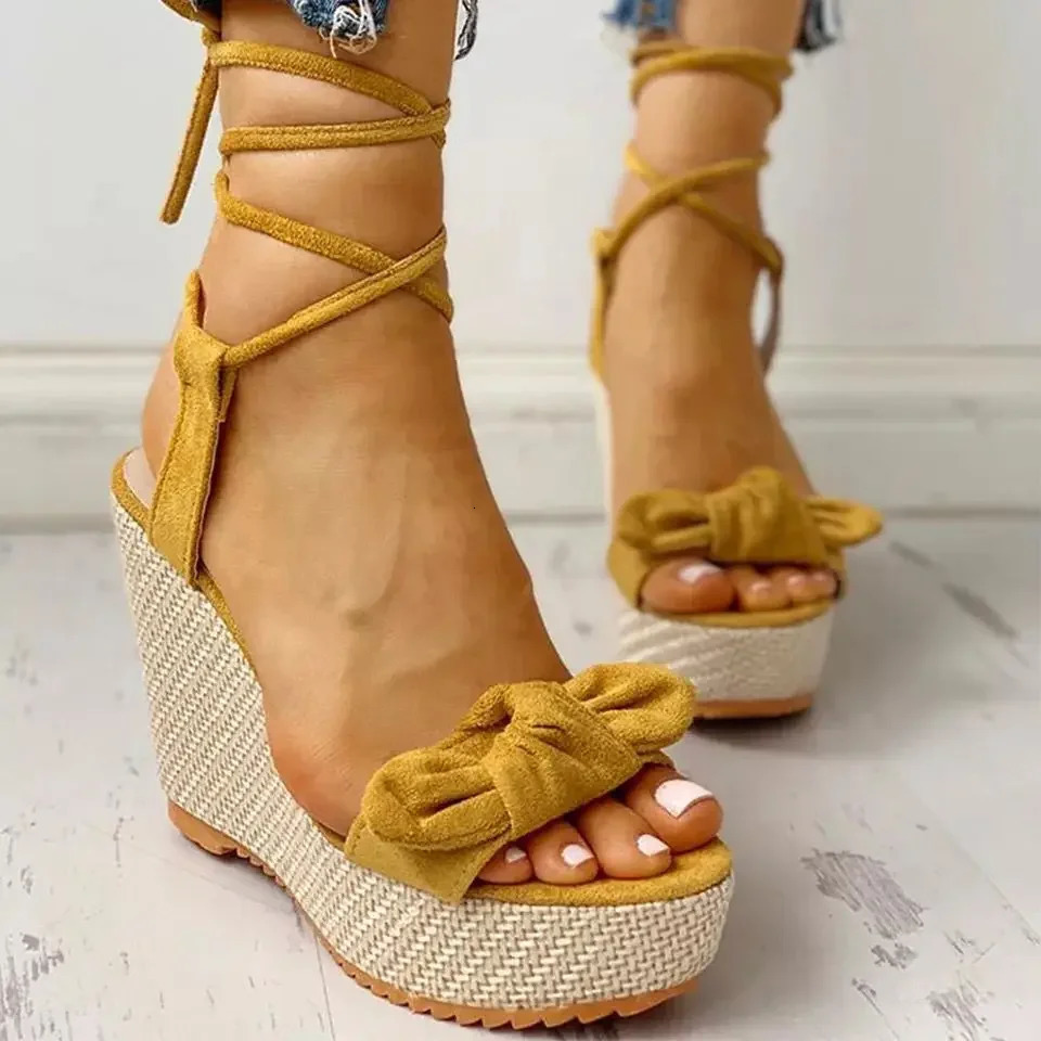 Womens Bow Knot Platform Wedge Sandals - Stylish Peep Toe Ankle Straps Lightweight Espadrille Comfort Heels for Everyday Fashion 250224
