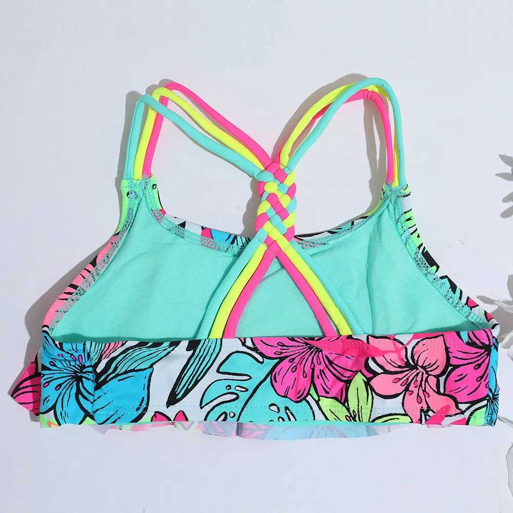 4-18 Years Flounce Girl Swimsuit Kids Tropical Floral Two Piece Childrens Swimwear Crochet Strap Bikini Set Girls Bathing Suits X250224