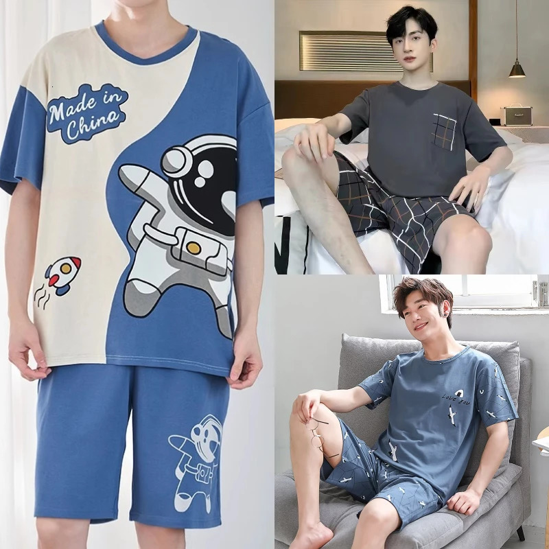Men Pajamas Short-Sleeved Loose Large Size Casual Homewear Grey Plaid Pullover Easy to Clean Cartoon Sleepwear 250224