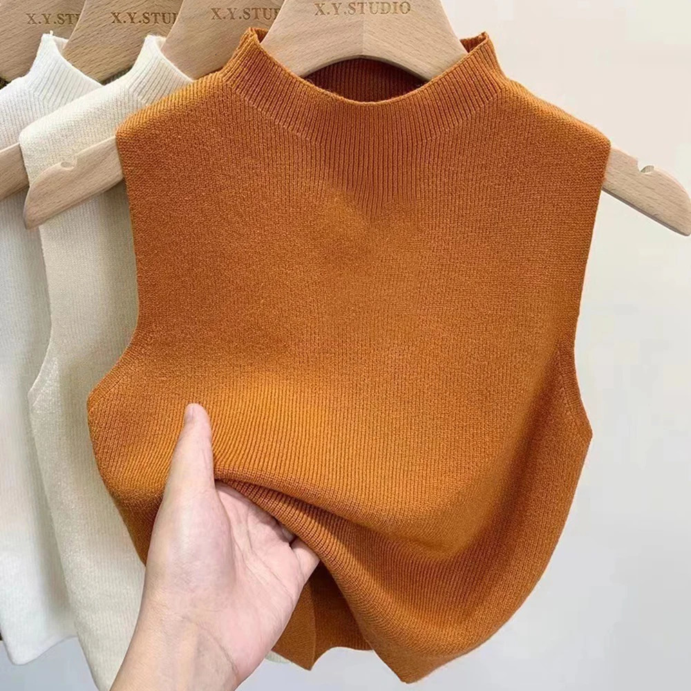 Womens Vest Tank Top Solid Color Knitted Tees T-Shirt Top Cropped Top Camisole Sweater Half-turtleneck Spring Autumn Sleeveless 250224