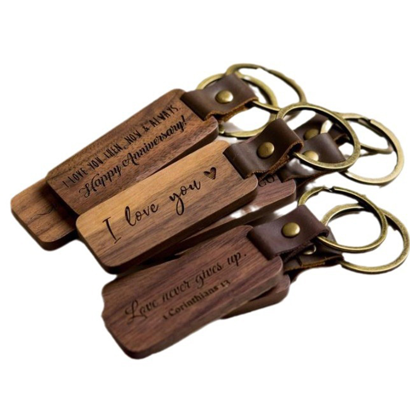 Personalized Leather Keychain Pendant Beech Wood Carving Keychains Luggage Decoration Key Ring DIY Thanksgiving Father's Day Gift