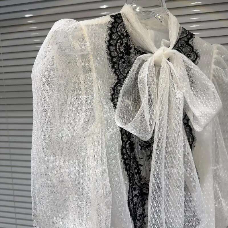 Getspring Women Shirt 2024 Autumn Fashion Tie Bow Puff Sleeve Lace Ed Bandage Ladies Blouse Vintage All Match Female Tops