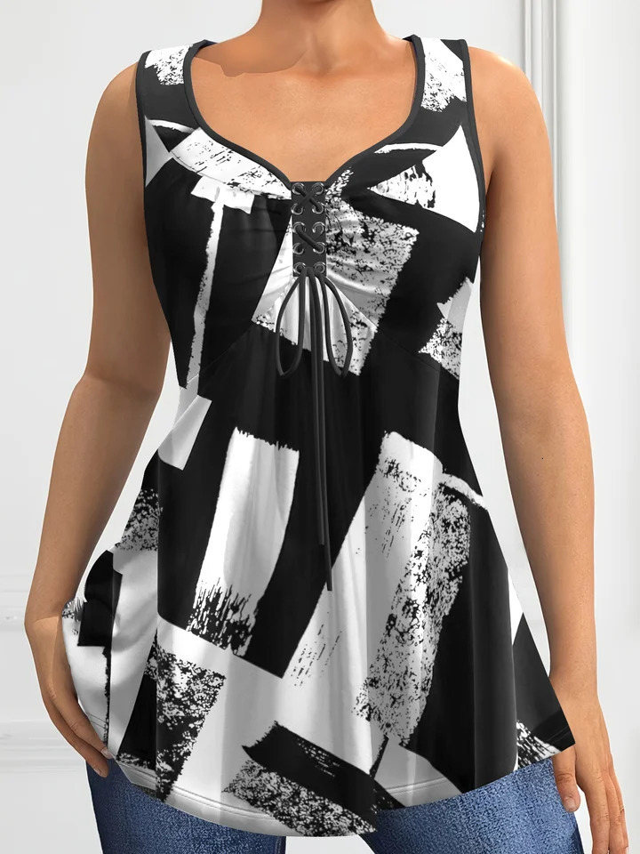 Womens Plus Size Tank Top Colorblock Curved Hem Casual Tank Top Summer Loose Soft Sleeveless Lace Up V-Neck Fashion Tanks Tops 250224