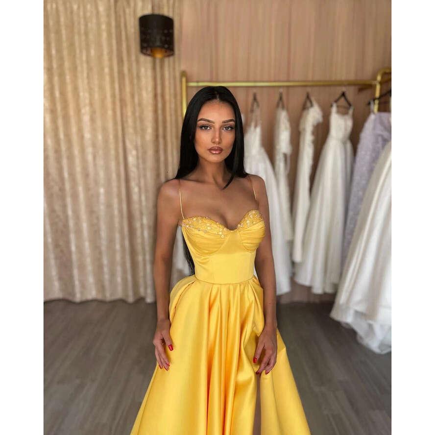 A Elegant E Yellow Prom Dresses Sequins Collar Evening Gowns Pleats Slit Formal Long Special Ocn Party Dress