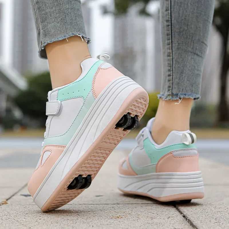 New Four Wheel Womens and Girls PU Leather Childrens Roller Shoes Fashion Boys Sports Shoes Breathable Childrens Skateboarding Size 30-40 W250225