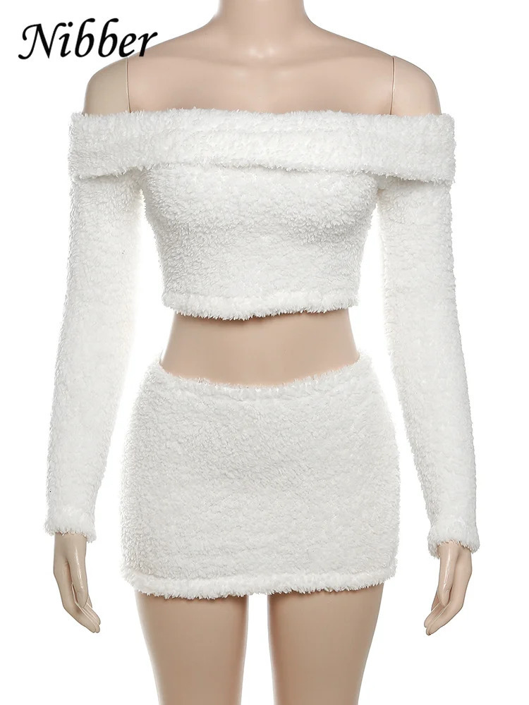 Nibber Solid Furry Two Piece Set Women Autumn Winter Elegant Slash Neck Crop TopsMini Skirts Casual Skinny Streetwear Outfits 250224