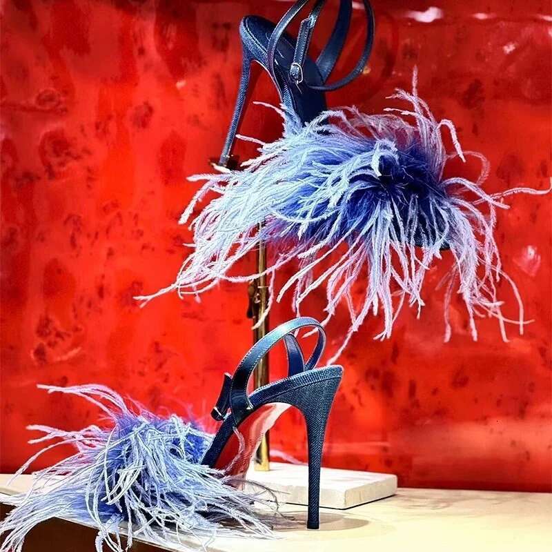 Women's Chic Feather Blue Leather Sandals 2025 New in Sexy Open Toe Fur Denim Brand High Heels Designer Party Shoes 250311
