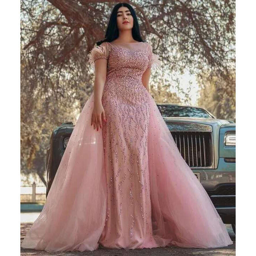 Plus Size Arabic Aso Ebi Blush Pink Urious Prom Dresses Beaded Sequins Evening Formal Party Second Reception Birthday Gowns Dress 322