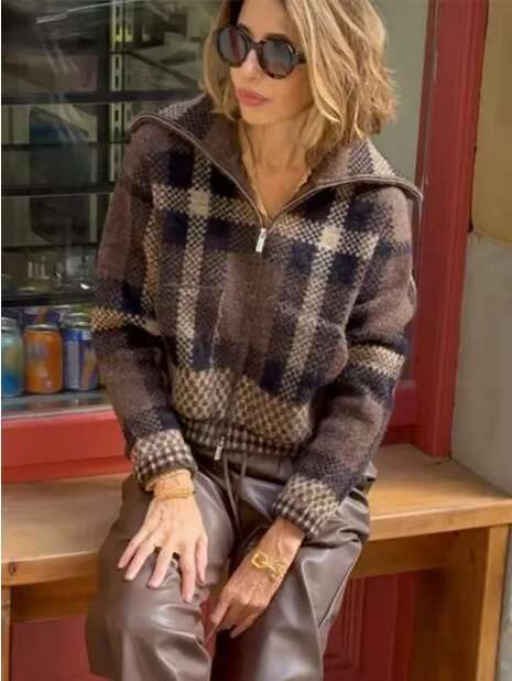 Women's Jackets Fall-Winter New Check-Knit Bomber Casual Fashion Women's Top Jacket