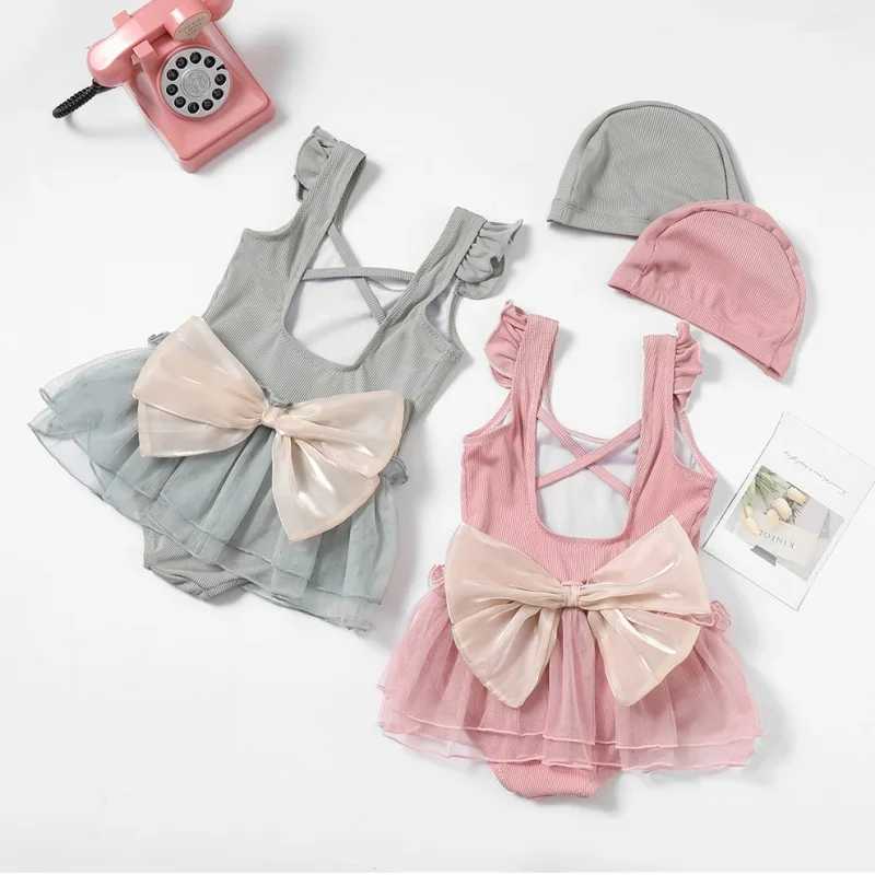 New Girls Swimwear Hat Set Fashion Sweet Children Solid Color Bow Swimsuit for Little Girls Kids Summer Soft Baby Swimwear X250224