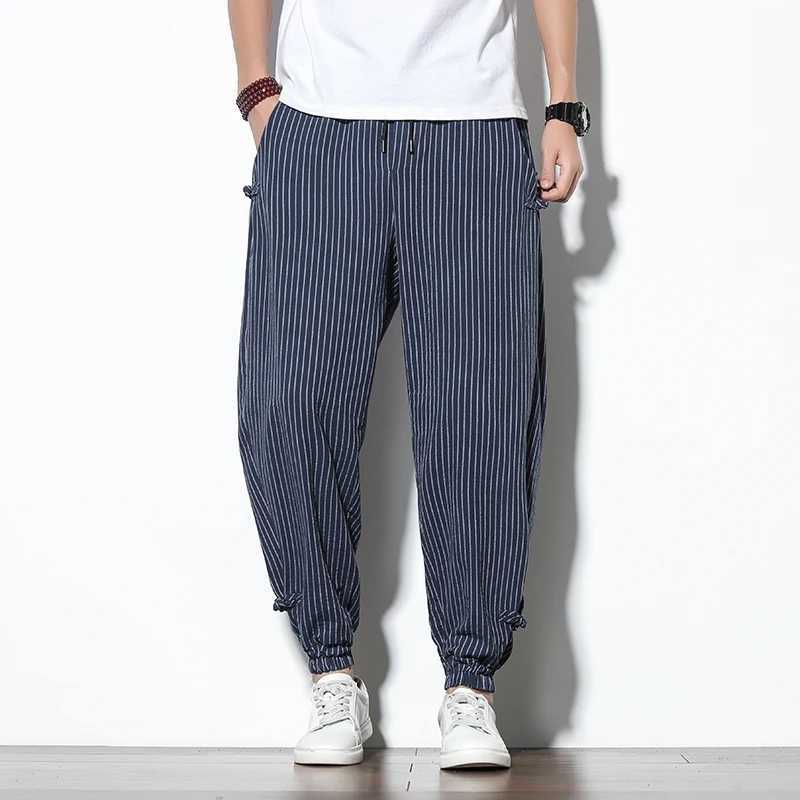 Spring and summer round buckle striped harem pants mens breathable cotton linen pencil pants buckle casual floral pants W250225