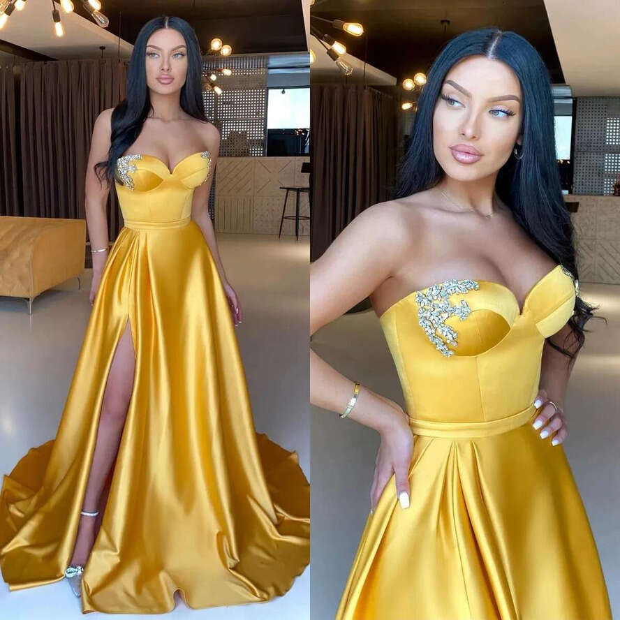 Gold Sexy A E Prom Dresses Beads Sweetheart Evening Gowns Ruched Slit Formal Long Special Ocn Party Dress