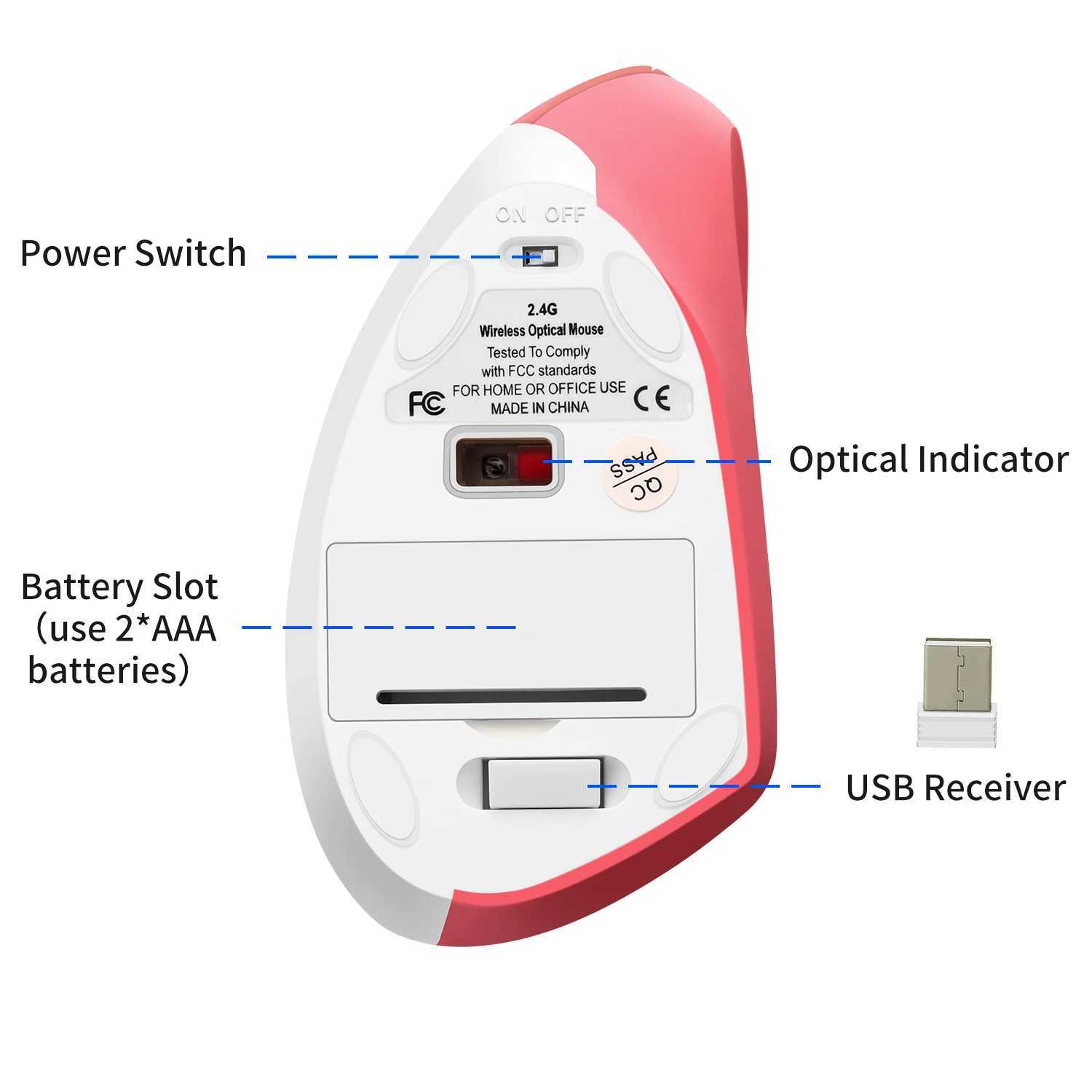 Pink Wireless Vertical Mouse Lightweight LED 800/1200/1600 DPI Adjustable Ergonomic Mice Wrist protection for PC Computer Laptop O250225