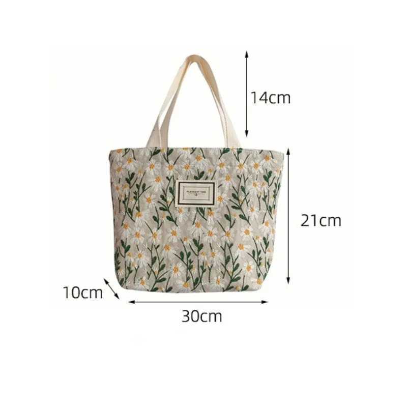 Sweet Embroidered Womens Bag 2023 New Daisy Flower Canvas Handbag Snack Storage Bento Bag Hand Carry Mommy Bag Z250224