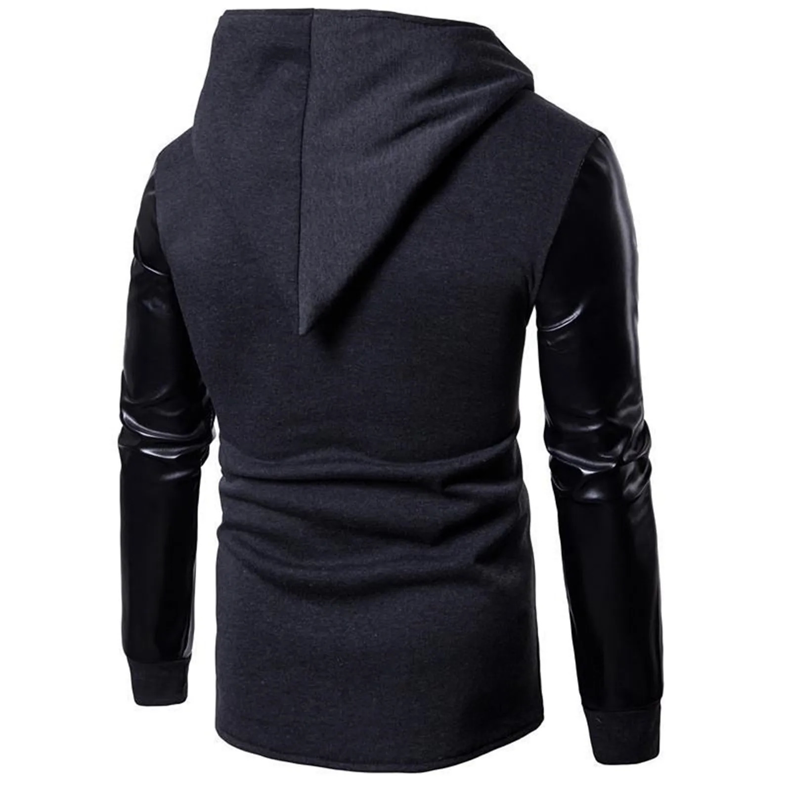 Gothic Men Fashion Hooded Sweatshirts PU Leather Patchwork Side Zipper Medium Length Hoodies Jacket Irregular Outerwear 250224