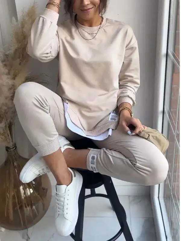 Autumn Patchwork Loose Two Piece Set Womens Fashion Long Sleeve Pullover Suit Casual Hoodie Sports Pencil Pants Outfits 250224