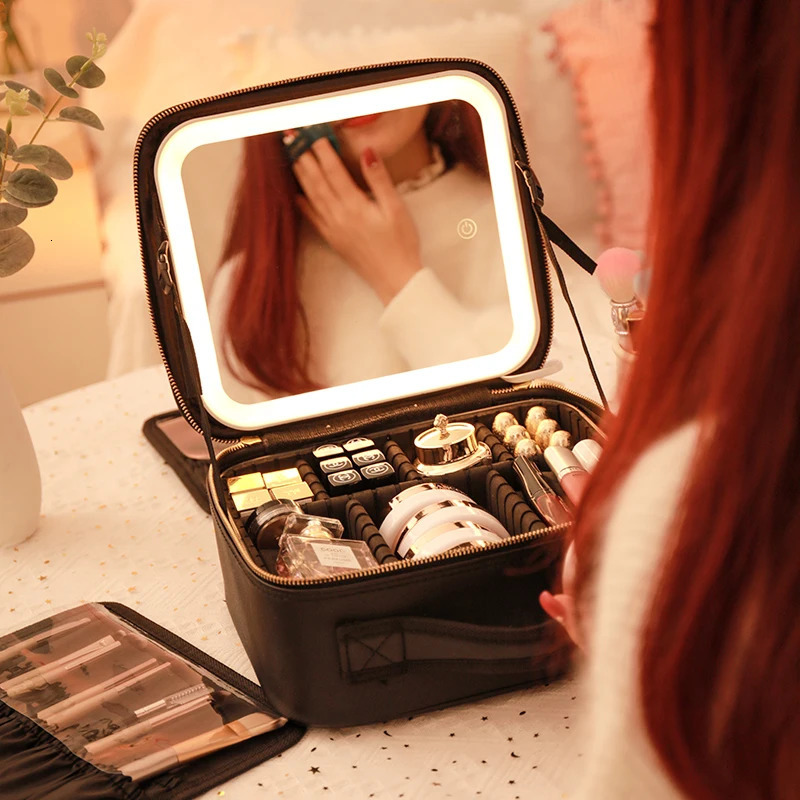 Travel Makeup bag with Large Lighted Mirror Partitionable Cosmetic Bag Professional Cosmetic Artist Organizer Waterproof Porta 250224