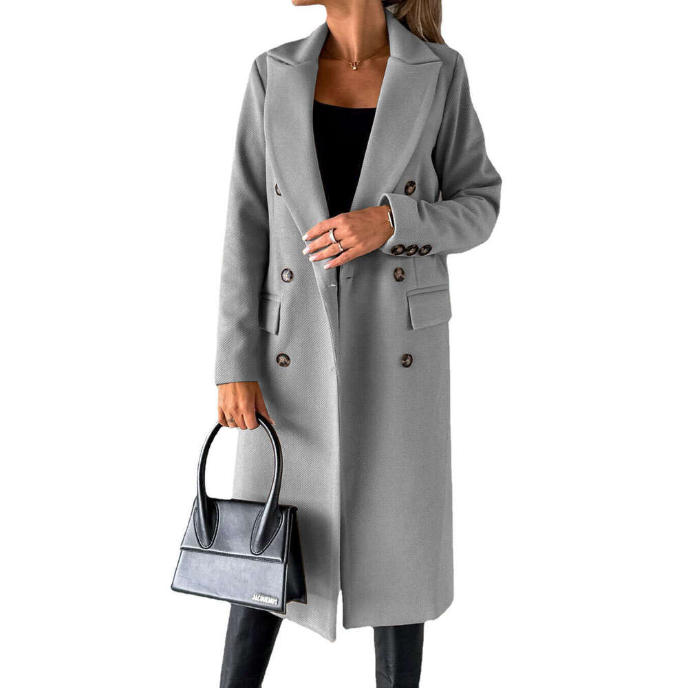 Women's Spring New Versatile Woolen Coat Solid Color Long Sleeve Double Breasted Insert Bag