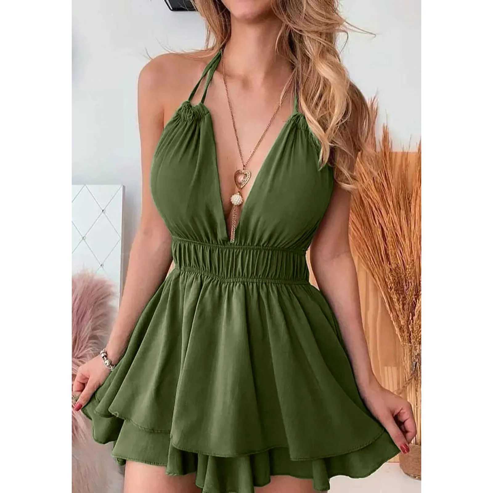 Halter Open Back Solid Color Dress Summer Deep V Neck Swing Dresses Women 2023 Elastic Waist Sveless Slim Sling DressXJ250224