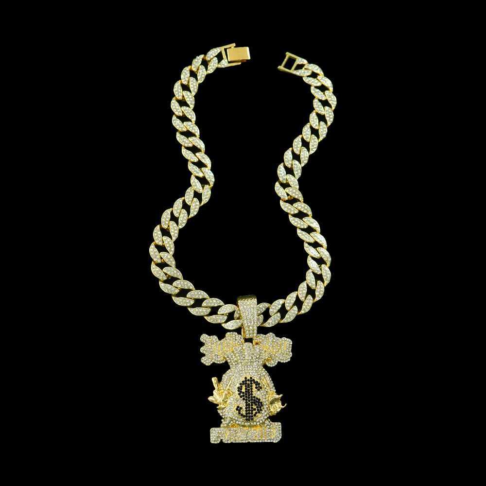 2024 New style d out 15mm big cuban chain punk alloy and fl bling rhinestone cartoon money bag pendant necklace X250224