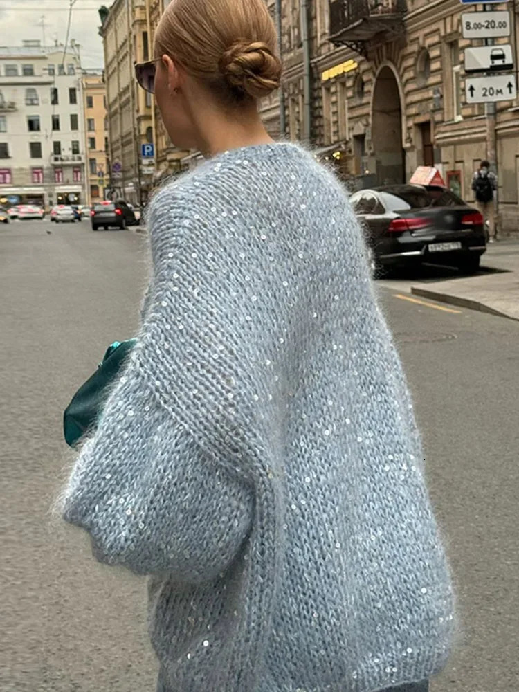 Lady Street Knitwear Sweater Fashion Shiny Sequins Women Mohair Knitted Cardigan Chic V Neck Long Lantern Sleeve Sweater 2025 250225